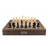 Dal Rossi Italy, Ebony Finish / Boxwood 95mm Wood Double Weighted on a Walnut Inlaid Chess Box with Compartments 20"