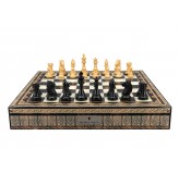 Dal Rossi Italy, Ebony Finish / Boxwood 95mm Wood Double Weighted on a Mosaic Finish Shiny Chess Box with Compartments 20"