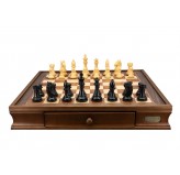 Dal Rossi Ebony Finish / Boxwood 95mm Wood Double Weighted on a Walnut Inlaid Chess Box with Drawers 20"