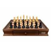 Dal Rossi Ebony Finish / Boxwood 105mm Wood Double Weighted on a Walnut Inlaid Chess Box with Drawers 20"