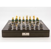Dal Rossi Italy Chess Set Carbon Fibre Finish 20″ With Compartments, With Gray and Green Gold and Silver Tops and Bottoms Chessmen 90mm