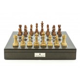 Dal Rossi Italy Chess Set Carbon Fibre Shinny Finish 20″ With Compartments, Brown and Box Wood Grain Finish 110mm Chess Pieces