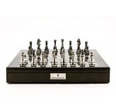 Dal Rossi Italy Chess Set Carbon Fibre Shinny Finish 20″ With Compartments, With Metal Dark Titanium and Silver chessmen 85mm