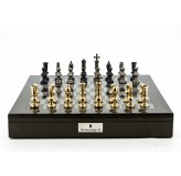Dal Rossi Italy Chess Set Carbon Fibre Shinny Finish 20″ With Compartments, With Metal Dark Titanium and Gold Chessmen 110mm