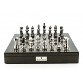 Dal Rossi Italy Chess Set Carbon Fibre Shinny Finish 20″ With Compartments, With Metal Dark Titanium and Silver chessmen115mm