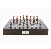 Dal Rossi Italy Chess Set Carbon Fibre Finish 20″ With Compartments, With Copper & Silver Weighted Metal Chess Pieces 85mm pieces
