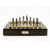 Dal Rossi Italy Chess Set Carbon Fibre Shinny Finish 20″ With Compartments, With Very Heavy Brass Staunton Gold and Silver chessmen 110mm