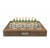 Dal Rossi Italy, Gray and Green with Gold and Silver Tops and Bottoms Chessmen 90mm on a Walnut Inlaid Chess Box with Compartments 20"