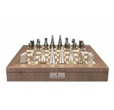 Dal Rossi Italy Metal Dark Titanium and Silver 90mm Chessmen on a Walnut Inlaid Chess Box with Compartments 20"