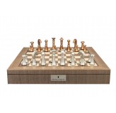 Dal Rossi Italy Metal Copper and Silver 80mm Chessmen on a Walnut Inlaid Chess Box with Compartments 20"