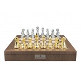 Dal Rossi Italy Gold and Silver Weighted Chess Pieces 110mm Chessmen on a Walnut Inlaid Chess Box with Compartments 20" 