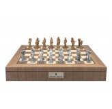 Dal Rossi Italy, Medieval Pewter Chessmen on a Walnut Inlaid Chess Box with Compartments 20"