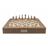 Dal Rossi Italy, Contemporary Metal Chessmen on a Walnut Inlaid Chess Box with Compartments 20"