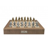 Dal Rossi Italy, Dragon, Pewter Chessmen on a Walnut Inlaid Chess Box with Compartments 20"