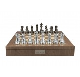 Dal Rossi Italy Silver and Black Weight  Chess pieces110mm Chessmen on a Walnut Inlaid Chess Box with Compartments 20" 