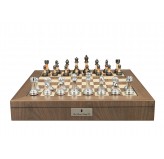Dal Rossi Italy, Staunton Metal/Marble Finish Chessmen on a Walnut Inlaid Chess Box with Compartments 20"