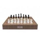 Dal Rossi Diamond-Cut Black & White Chessmen on a Walnut Inlaid Chess Box with Compartments 20"