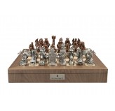 Dal Rossi Good and Evil Chessmen on a Walnut Inlaid Chess Box with Compartments 20"