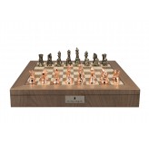 Dal Rossi Diamond-Cut Copper & Bronze Chessmen on a Walnut Inlaid Chess Box with Compartments 20"