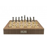Dal Rossi Italy Metal Dark Titanium and Gold 110mm Chessmen on a Walnut Inlaid Chess Box with Compartments 20"