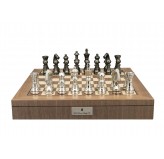 Dal Rossi Italy Metal Dark Titanium and Silver 115mm Chessmen on a Walnut Inlaid Chess Box with Compartments 20"