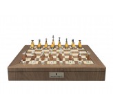 Dal Rossi Italy, Staunton Metal/Wood Chessmen on a Walnut Inlaid Chess Box with Compartments 20"