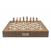 Dal Rossi Italy, Metal Copper and Silver Chessmen on a Walnut Inlaid Chess Box with Compartments 20"