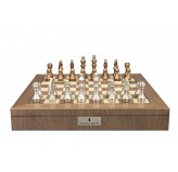 Dal Rossi Italy, Metal Copper and Silver Chessmen on a Walnut Inlaid Chess Box with Compartments 20"