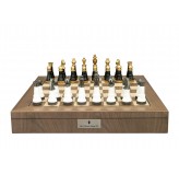 Dal Rossi Italy, Black and White with Gold and Gun Metal Tops and Bottoms Chessmen 110mm on a Walnut Inlaid Chess Box with Compartments 20"