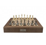 Dal Rossi Italy, Metal Staunton Brass Titanium Cap Chessmen on a Walnut Inlaid Chess Box with Compartments 20"