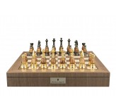 Dal Rossi Italy, Staunton Metal and  Wood Gold 100mm Chessmen on a Walnut Inlaid Chess Box with Compartments 20"