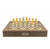 Dal Rossi Italy, Modern Gold and Silver Chessmen 75mm Chessmen on a Walnut Inlaid Chess Box with Compartments 20"