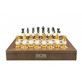 Dal Rossi Italy, White Stone and Gold Chessmen 100mm Chessmen on a Walnut Inlaid Chess Box with Compartments 20"