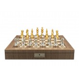 Dal Rossi Italy, Staunton Silver and GOLD Chessmen 100mm Chessmen on a Walnut Inlaid Chess Box with Compartments 20"