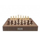 Dal Rossi Italy, Queen's Gambit Style Chess Pieces 90mm Chessmen on a Walnut Inlaid Chess Box with Compartments 20"