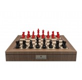 Dal Rossi Italy, Staunton Black and Red Double Weighted Chessmen on a Walnut Inlaid Chess Box with Compartments 20"
