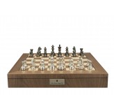 Dal Rossi Italy, Staunton Black Nickel & Silver 80mm Chessmen on a Walnut Inlaid Chess Box with Compartments 20"