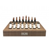 Dal Rossi Italy, Black and White with Copper and Gun Metal Gray Tops and Bottoms Chessmen 110mm on a Walnut Inlaid Chess Box with Compartments 20"