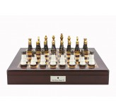 Dal Rossi Italy Chess Set Mahogany Shinny Finish 20″ With Compartments, With Black and White with Gold and Gun Metal Tops and Bottoms Chessmen 110mm 