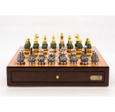Dal Rossi Italy Chess Set Walnut Finish 18" With Gray and Green Gold and Silver Metal Tops and Bottoms Chess Pieces 90mm