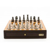 Dal Rossi Italy Chess Set Walnut Finish 18" With two Drawers, With Metal Dark Titanium and Silver chessmen 85mm
