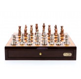 Dal Rossi Italy Chess Set Walnut Finish 18" With two Drawers, With Copper & Silver Weighted Metal 85mm Chess Pieces