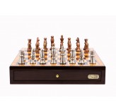 Dal Rossi Italy Chess Set Walnut Finish 18" With two Drawers, With Copper & Silver Weighted Metal 85mm Chess Pieces