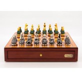 Dal Rossi Italy Chess Set Mahogany Finish 18" With Gray and Green Gold and Silver Metal Tops and Bottoms Chess Pieces 90mm