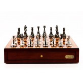 Dal Rossi Italy Chess Set Mahogany Finish 18" With two Drawers, With Metal Dark Titanium and Silver chessmen 85mm