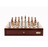 Dal Rossi Italy Chess Set Mahogany Finish 18" With two Drawers, With Copper & Silver Weighted Metal 85mm Chess Pieces