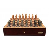 Dal Rossi Hand Paint - Australiana Chessmen on a Shiny Mahogany Chess Box with two Drawers 18"