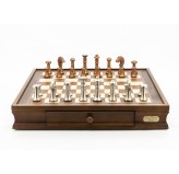 Dal Rossi Italy Chess Set Walnut Finish 20″ With Two Drawers, With Metal Copper and Silver 80mm Chessmen