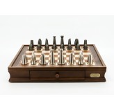 Dal Rossi Italy Chess Set Walnut Finish 20″ With Two Drawers, With Metal Dark Titanium and Silver chessmen 85mm