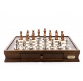 Dal Rossi Italy Chess Set Walnut Finish 20″ With Two Drawers, With Copper & Silver Weighted Metal Chess Pieces 85mm